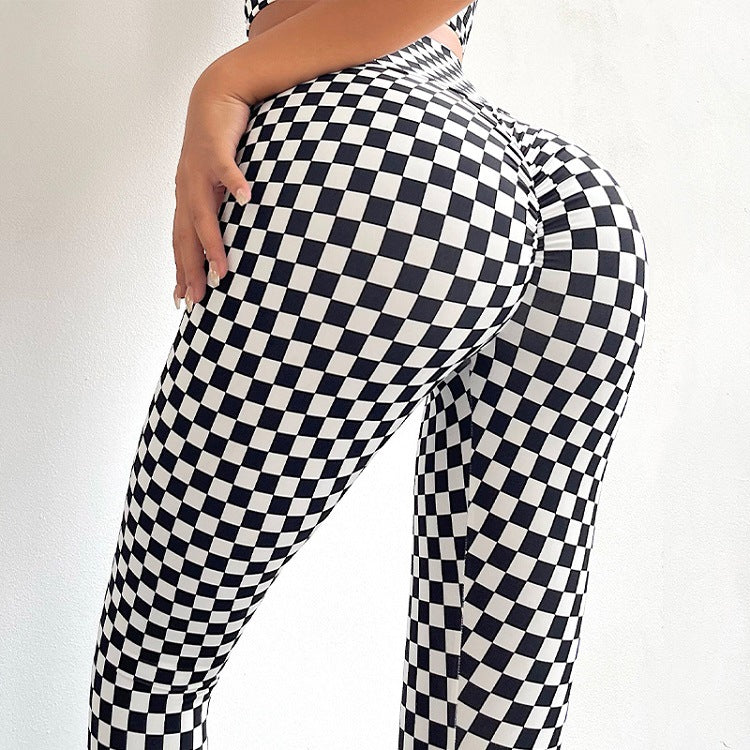 European And American Black And White Plaid Peach Hip Lift Yoga Pants Women