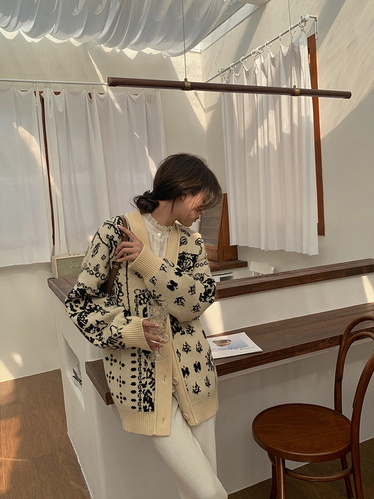 Vintage Heavy Industry Contrast Jacquard Knit Cardigan Jacket