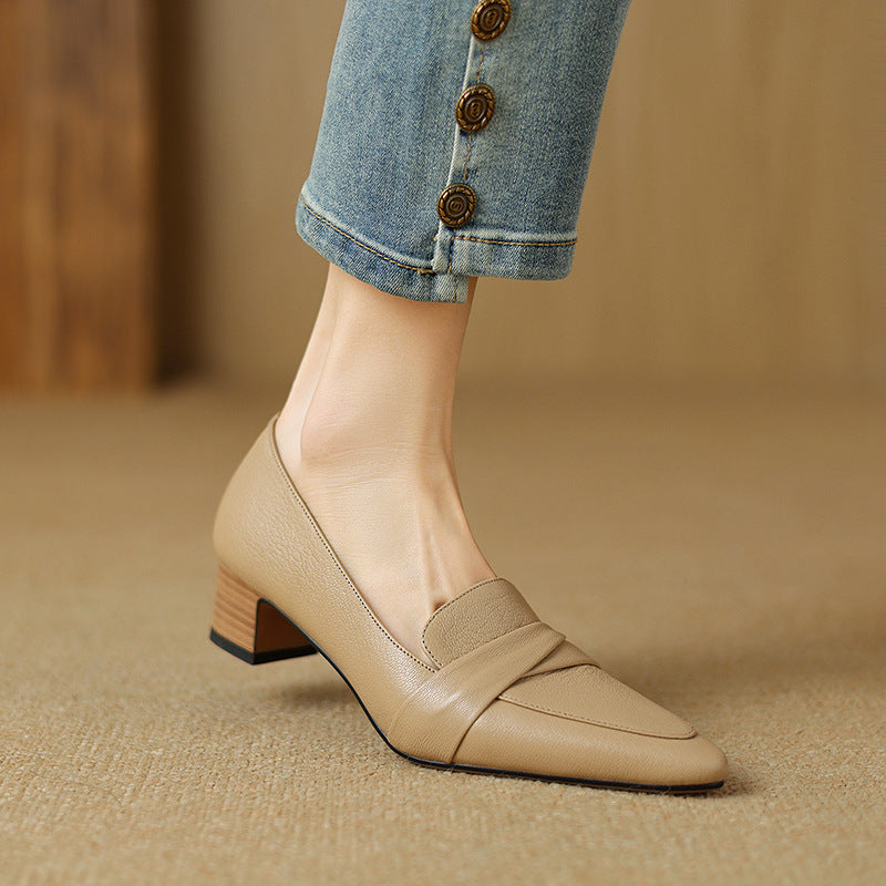 Full-grain Sheepskin Pointed-toe Chunky Heel Shoes Women's Spring New