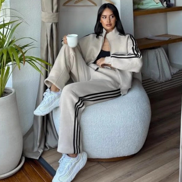 Contrast-color Sweatshirt Cardigan And Pants Set For Women