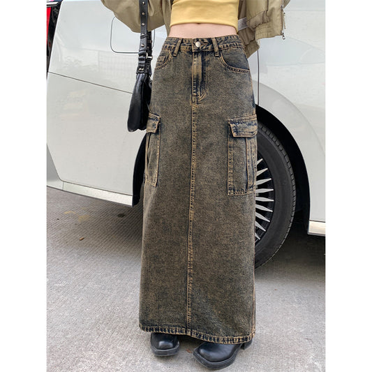 Large Pocket Design High Waist Mid-length Hip Skirt Heavy Industry Cement Yellow Do The Old Cowboy Skirt