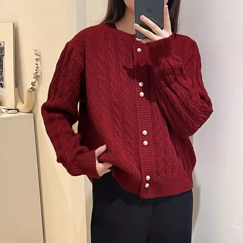 Twist Round Neck Pearl Buckle Soft And Comfortable Versatile Sweater Coat