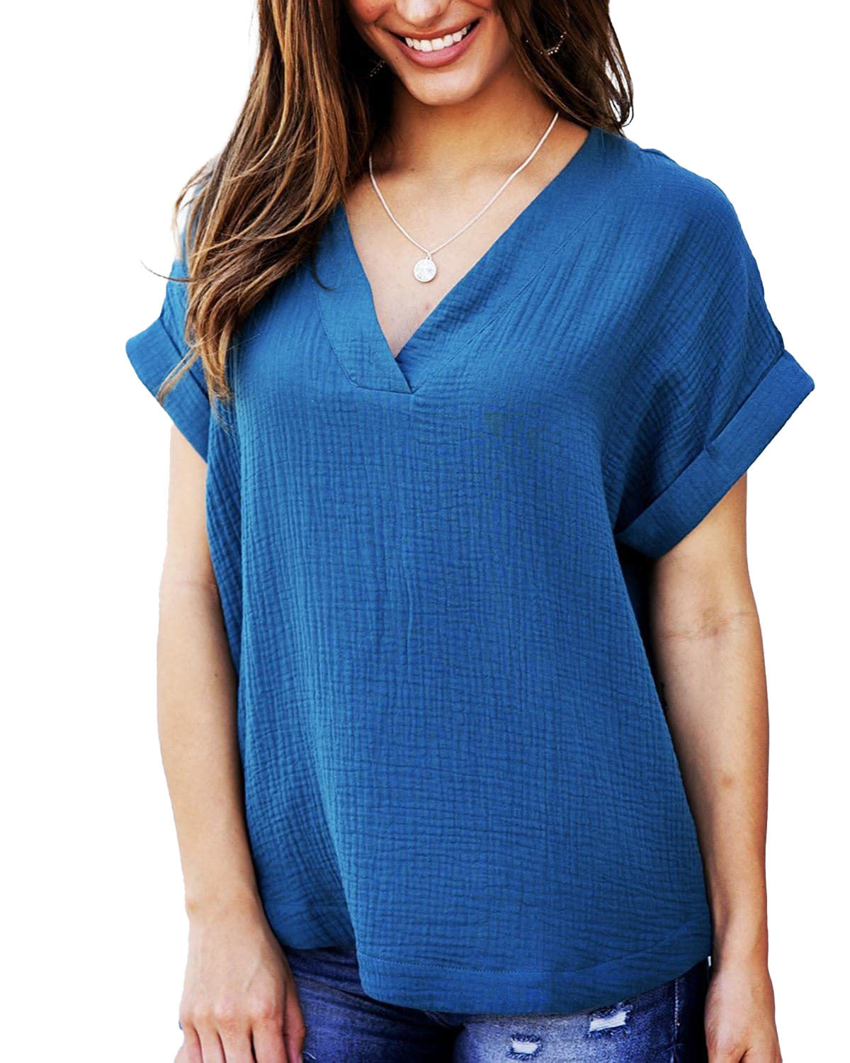 Short Sleeve V Neck Loose Shirt Solid Color Casual Top Women