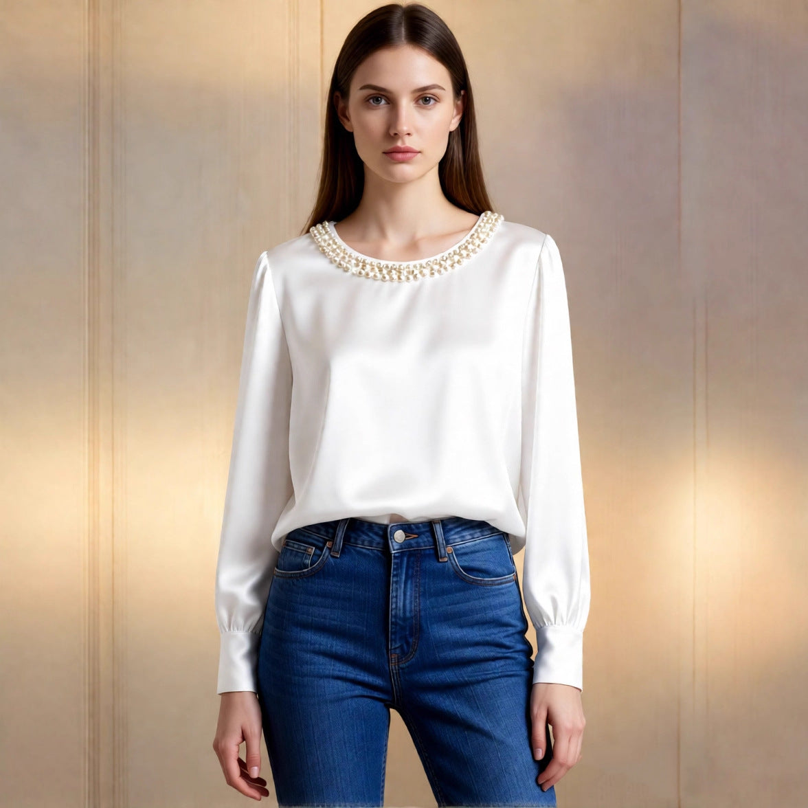 Womens French-style Sophisticated Pearl-collared Satin Blouse