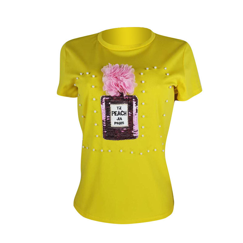 Women's Summer Pearl Sequin Applique T-Shirt Short Sleeve