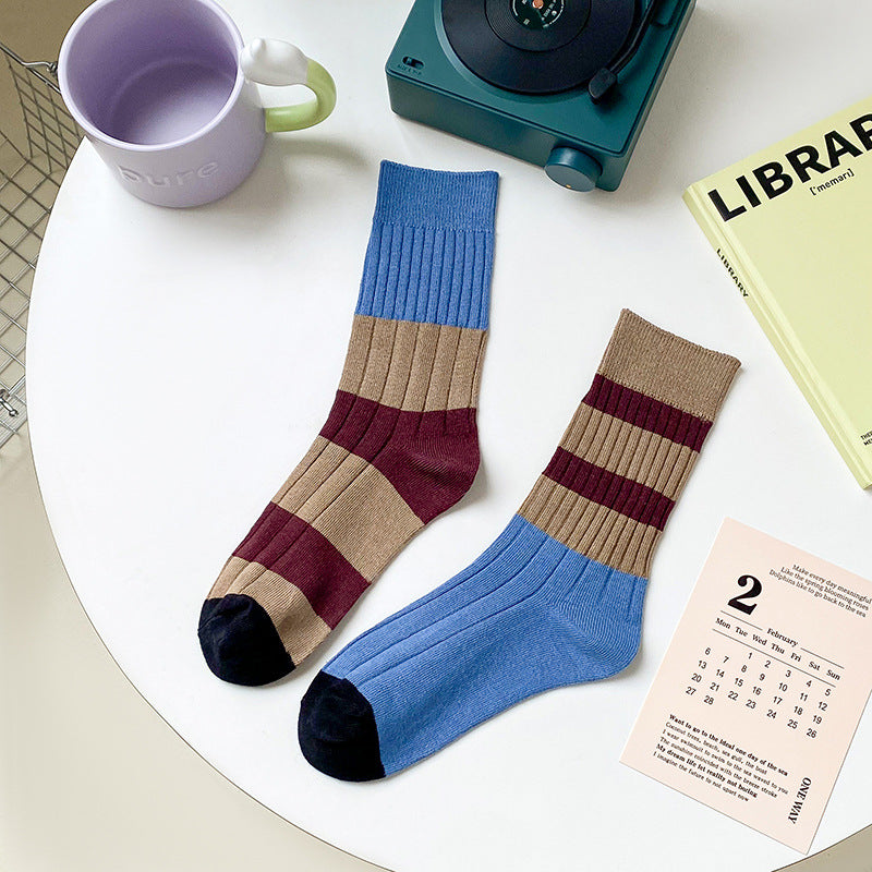 Stripe Contrast Color Tube Socks Color Matching Asymmetric AB Socks