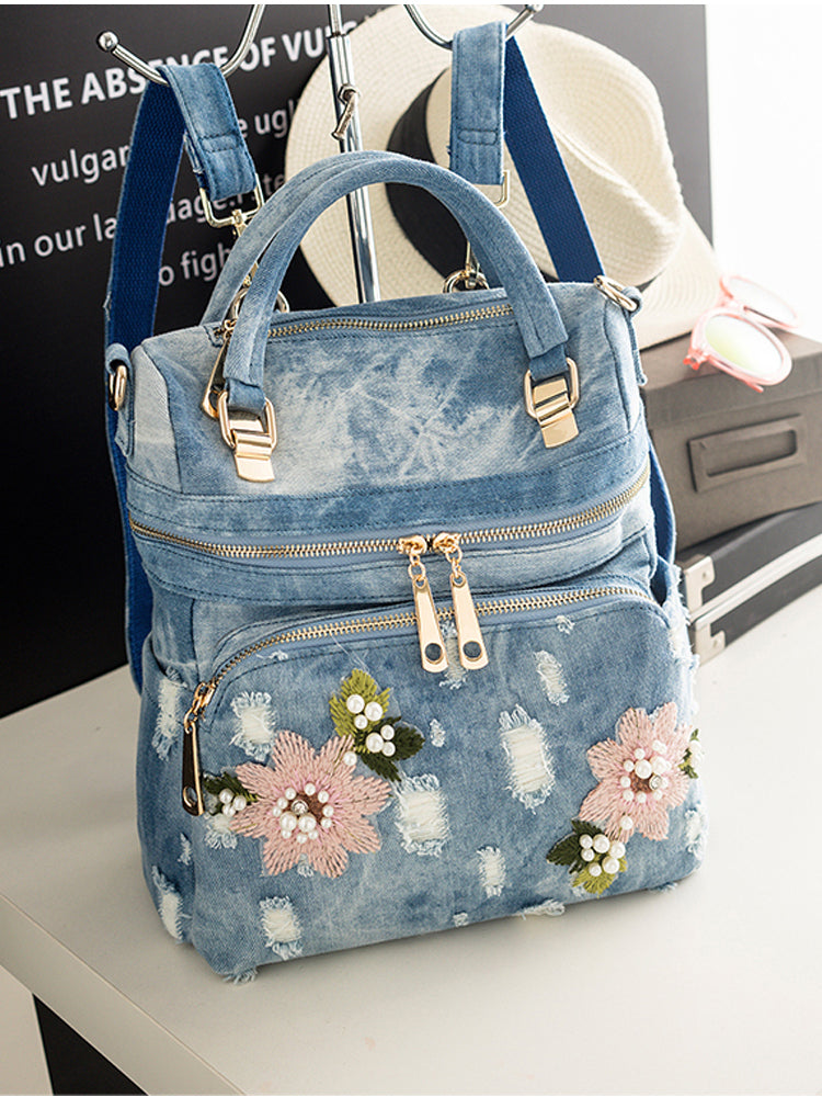 Frayed Flower Denim Backpack Large Capacity Multifunctional Hand Bill Shoulder Bag