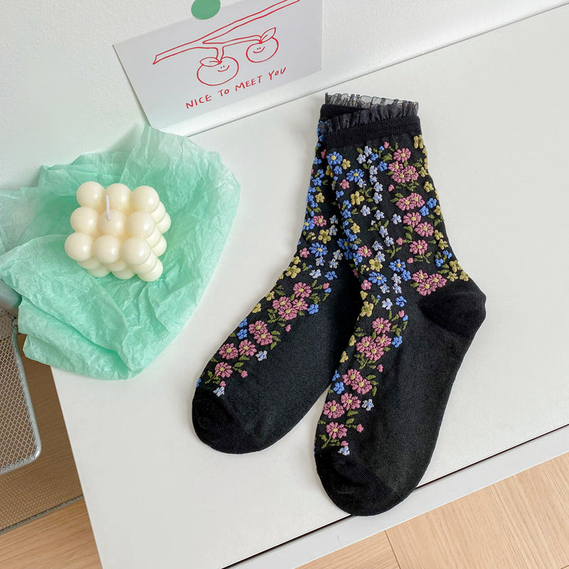 Ethnic Style Retro Embossed Jacquard Mid Tube Cotton Women's Socks
