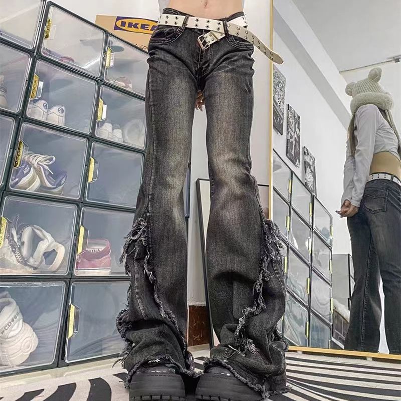 Women's American-style Vintage Vibe Raw-edge Design Slightly Flared Denim Jeans