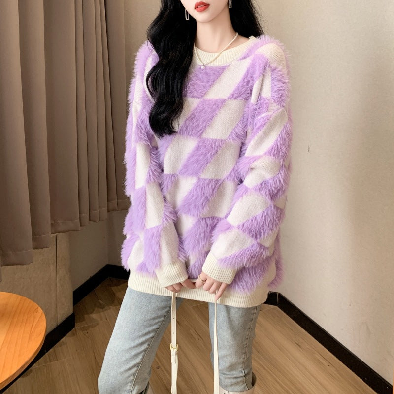 Design Rhombus Flocking Crew Neck Pullover Sweater Women