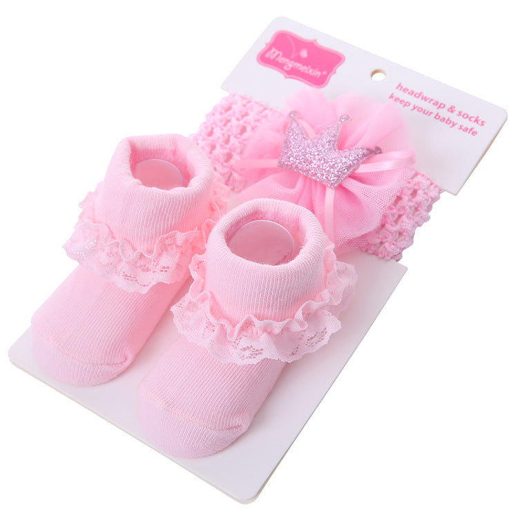 Solid Color Bow Lace Baby Socks Headband Set