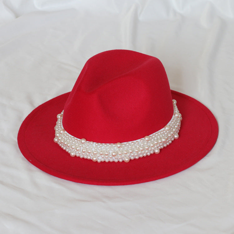 Handmade Pearl Top Hat Big Brim Fur Felt Hat