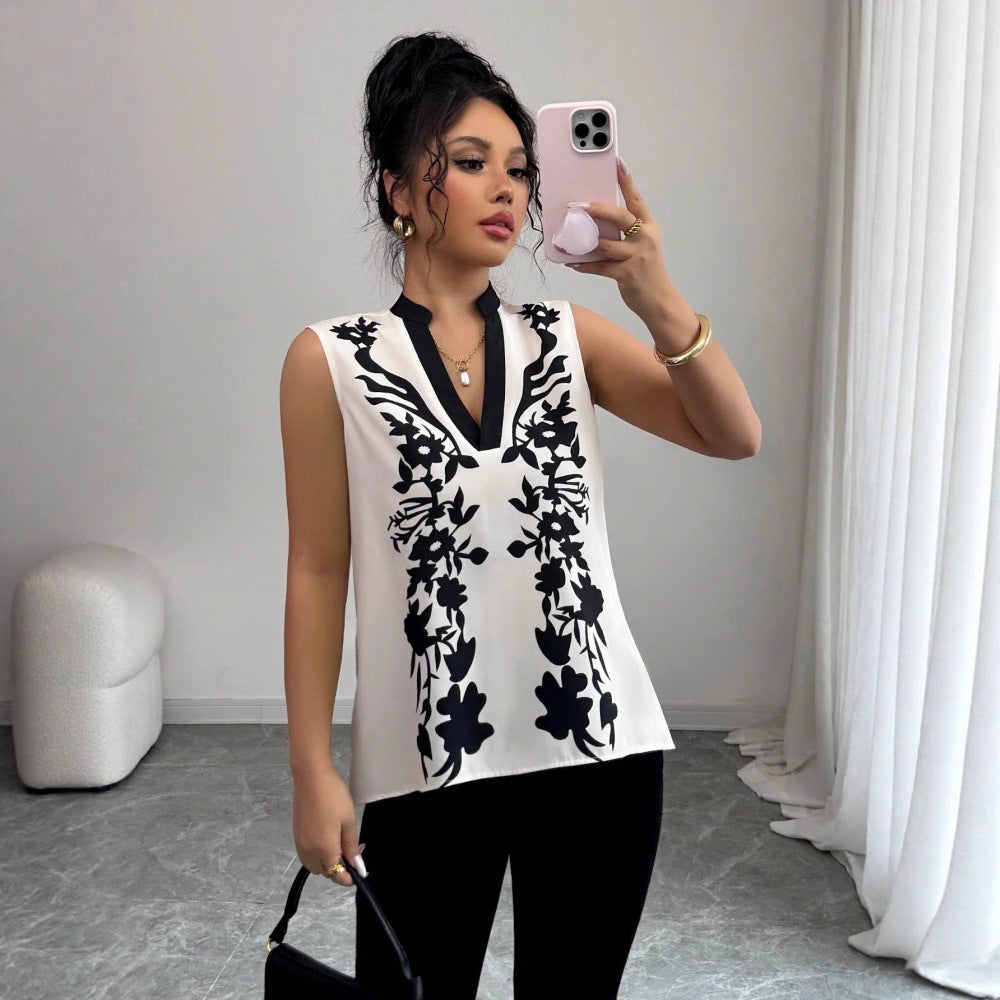 Womens Sleeveless Top With A V-neck And A Stylish Printed Design