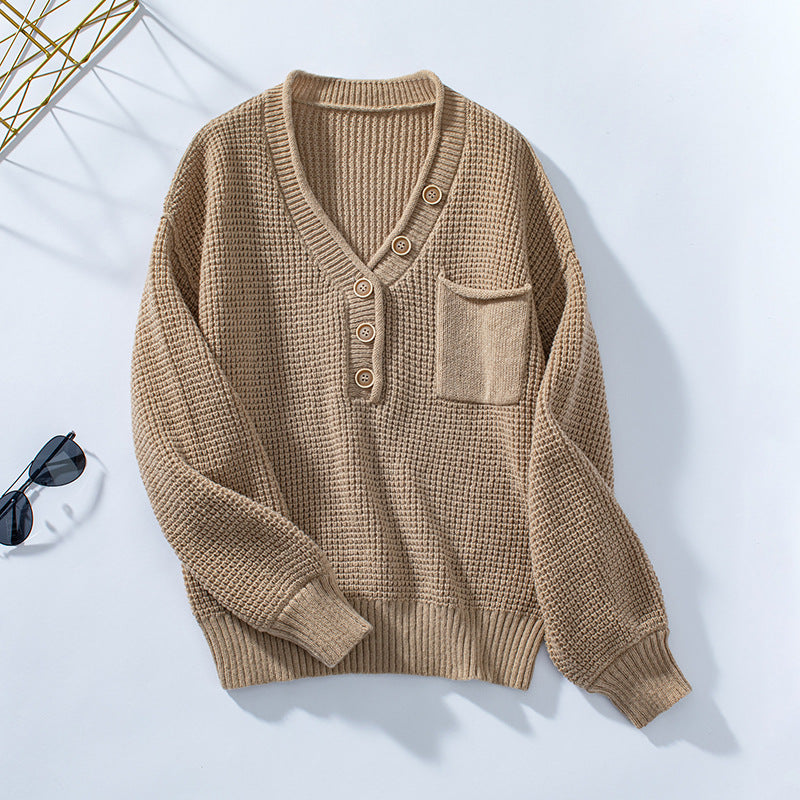 V-neck Buttons Solid Color Sweater For Women
