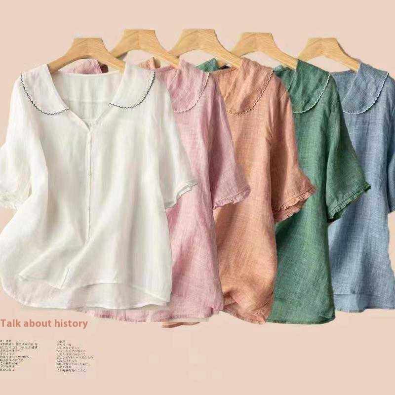 Women's Ramie Artistic Retro Cotton And Linen Doll Collar Loose Top