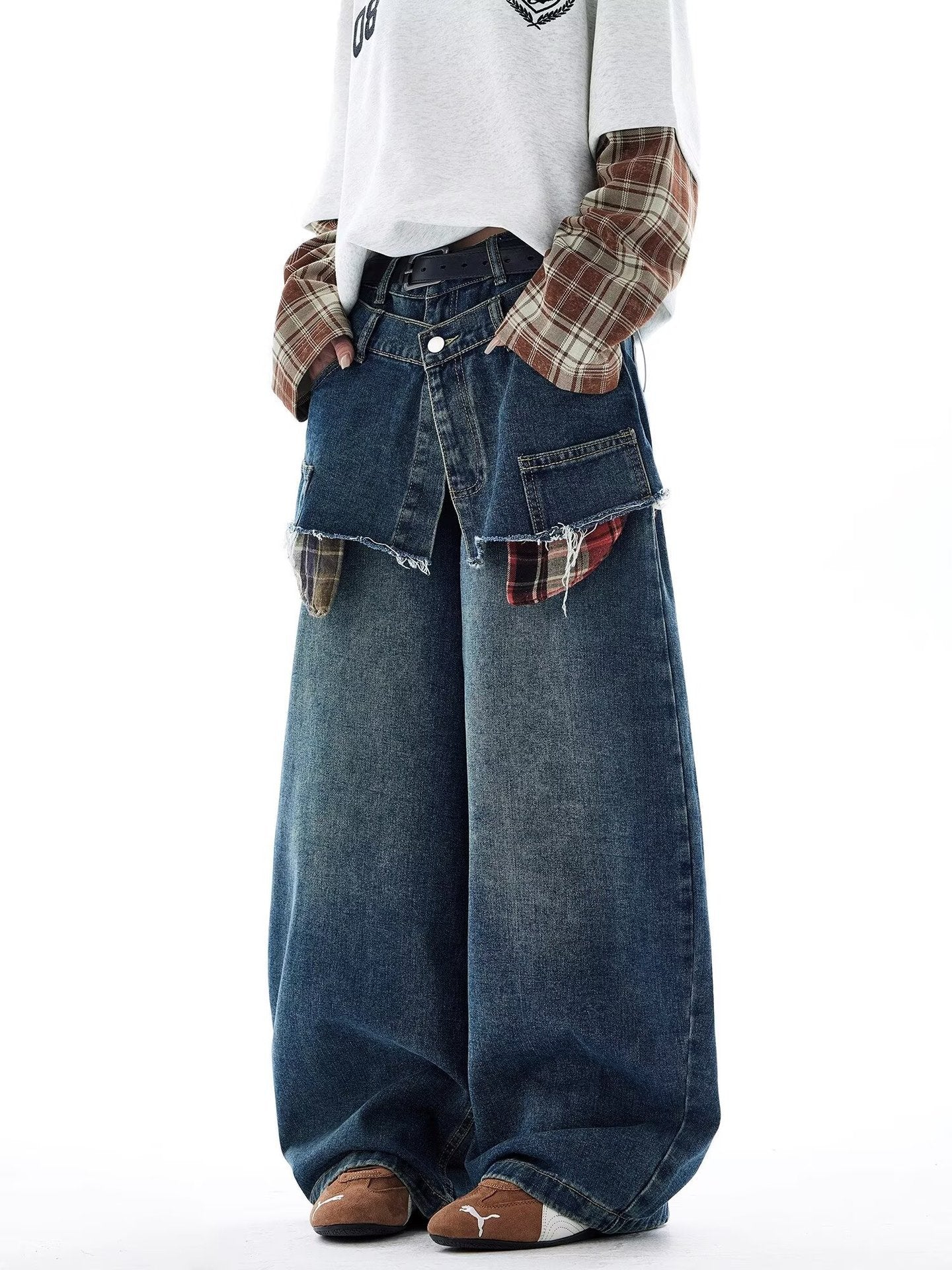 American-style Retro Faux Two-piece Plaid Patchwork Jeans