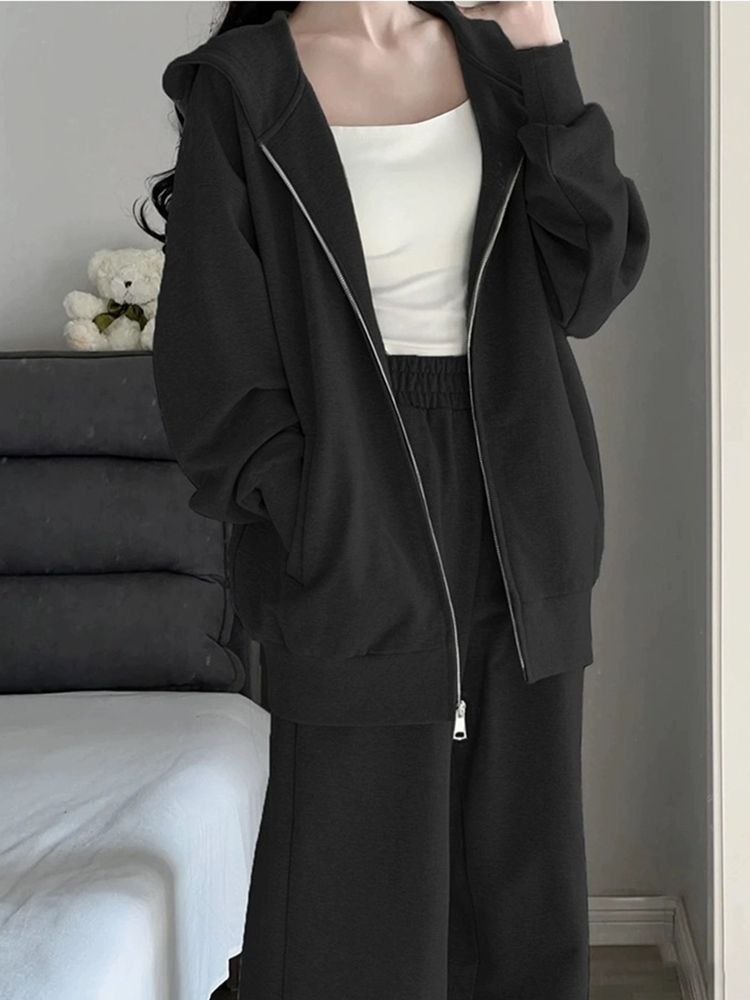 Autumn And Winter Loose Lazy Style Hooded Jacket Student Korean Version Wide-leg Pants Casual Two-piece Set