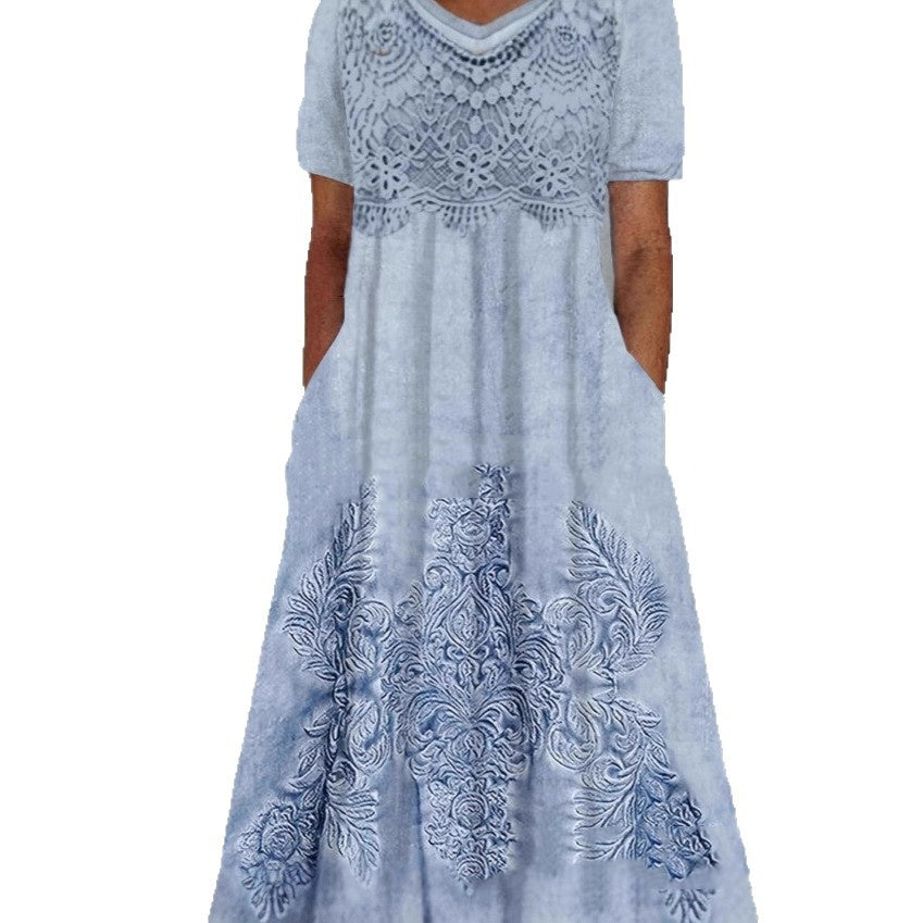 Floral Print Lace-trimmed Crew-neck Dress
