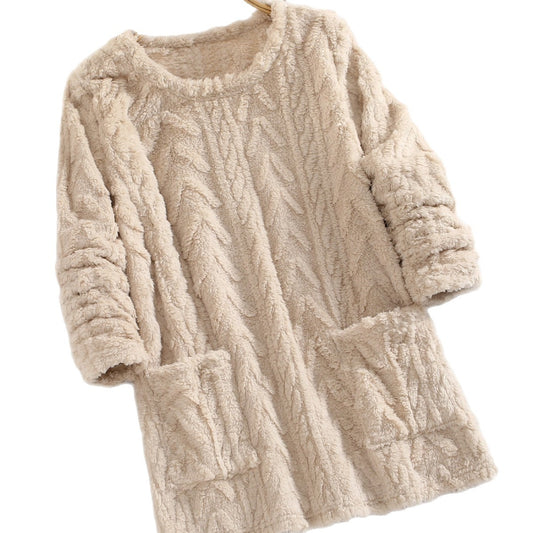 Teddy Fleece Jacquard Long-sleeve Casual Sweatshirt For Autumn And Winter Fluffy And Warm With Pocket Hood