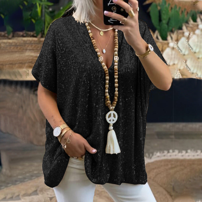 Loose Pullover Sequined V-neck T-shirt Top Women's Clothing