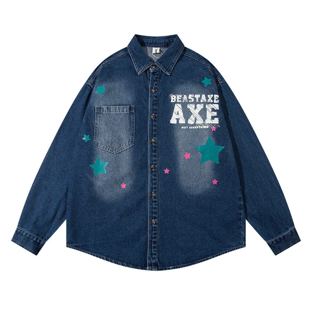 XINGX Alphabet Graffiti Print Denim Shirt Coat