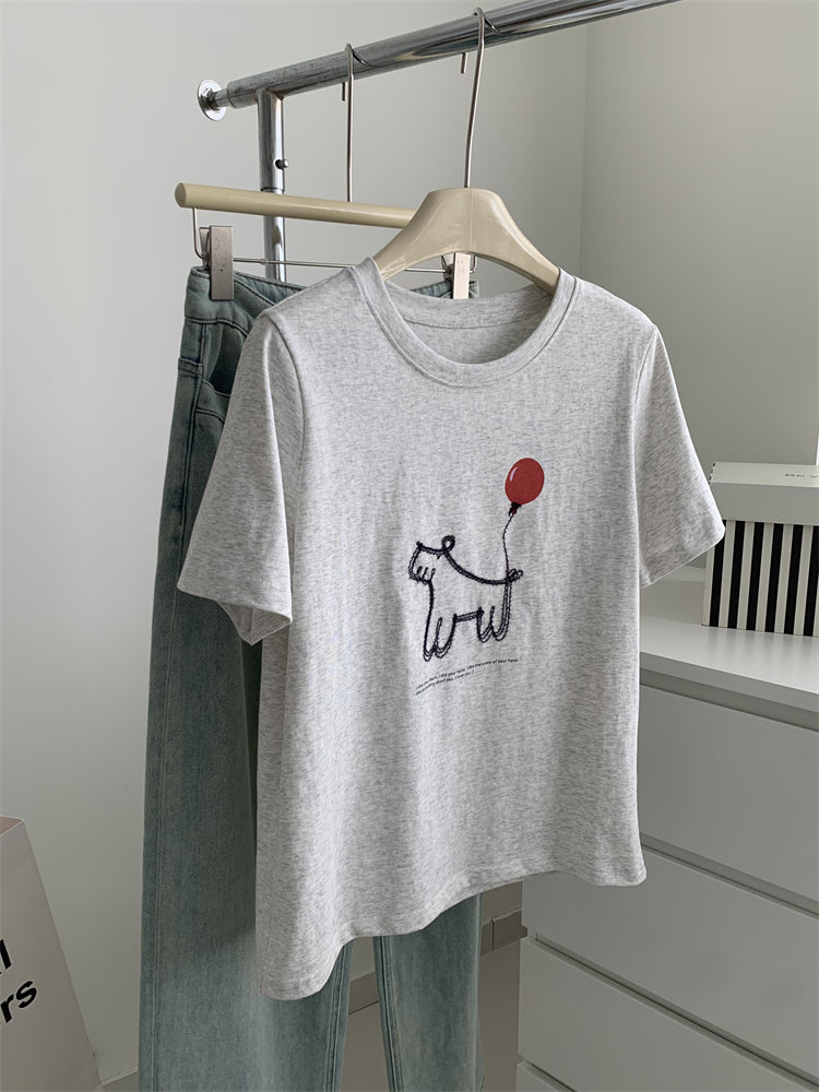 Women's Loose-fitting Casual Round-neck Short-sleeved Balloon Puppy T-shirt