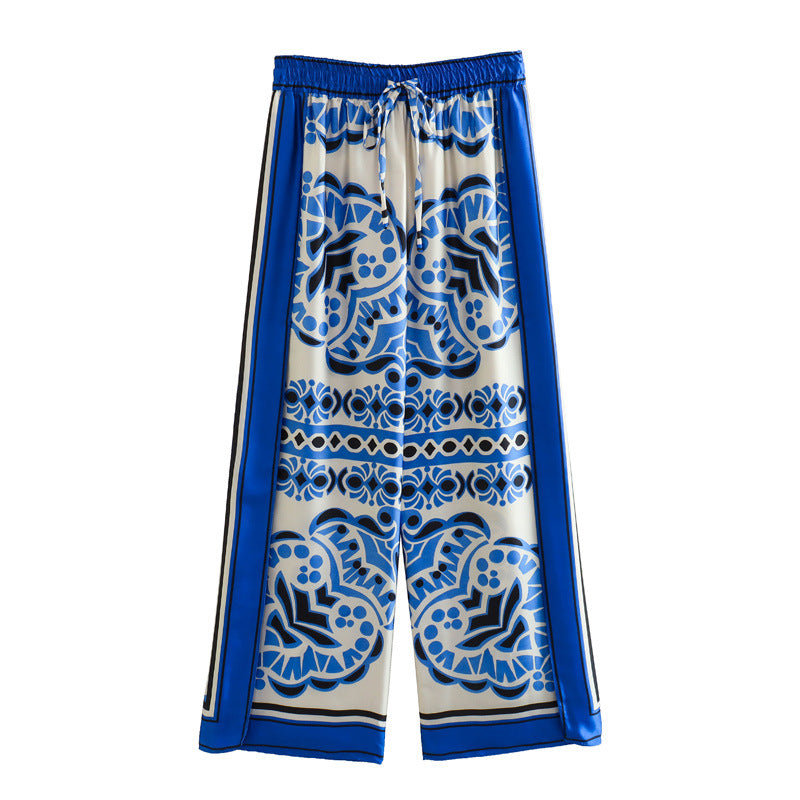 Spring New European And American Printing Drape Loose Shirt Elastic Waist Pajamas Wind Length Blouse And Pants