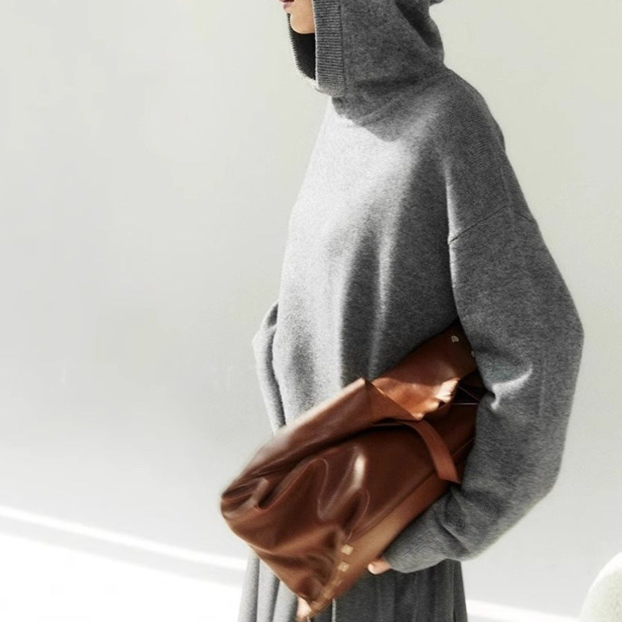 Women's Retro Gray Hooded Sweater Pullover Sweater
