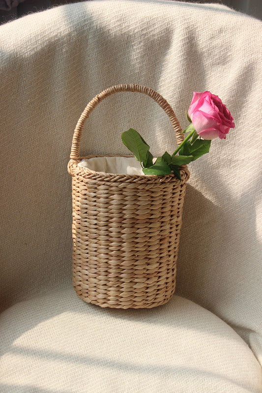 Cylinder Corn Husk Hand Carry Summer Bag Women's Vacation Travel Bucket