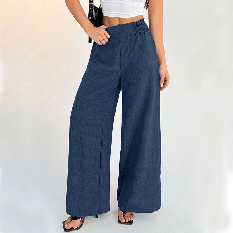 Solid Color Smocking Elastic Wide-leg Pants