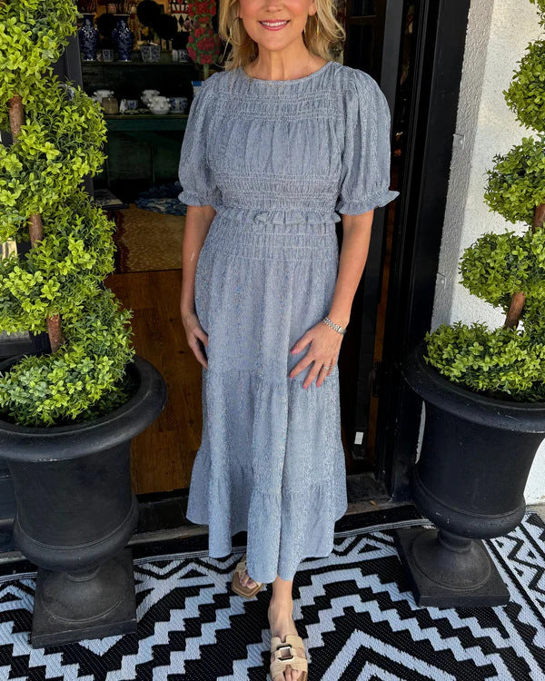 Women's Elegant Versatile Pleated Elastic-waist Short-sleeve Maxi Dress