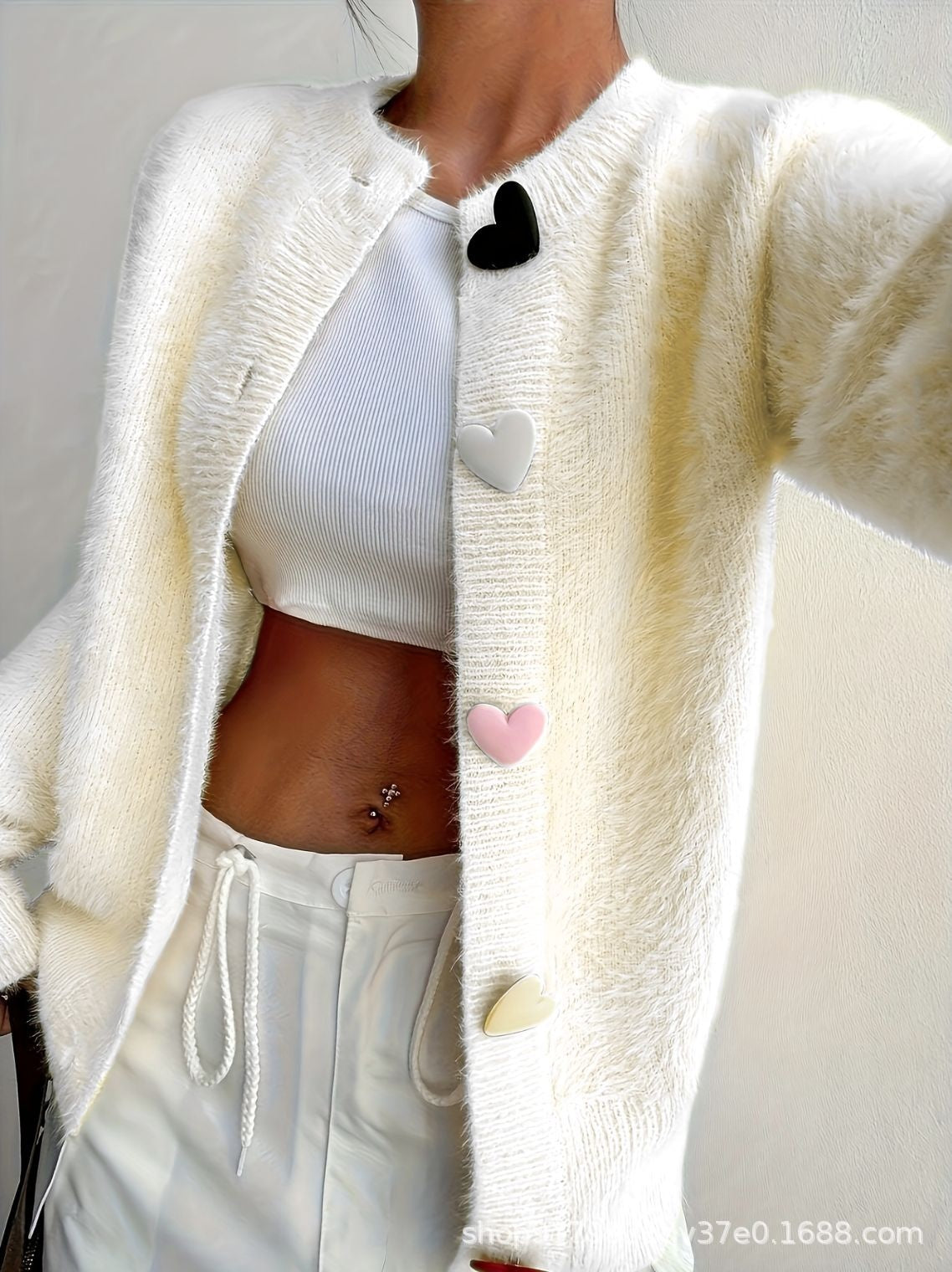 Crew Neck Casual Color Heart-shaped Button Sweater