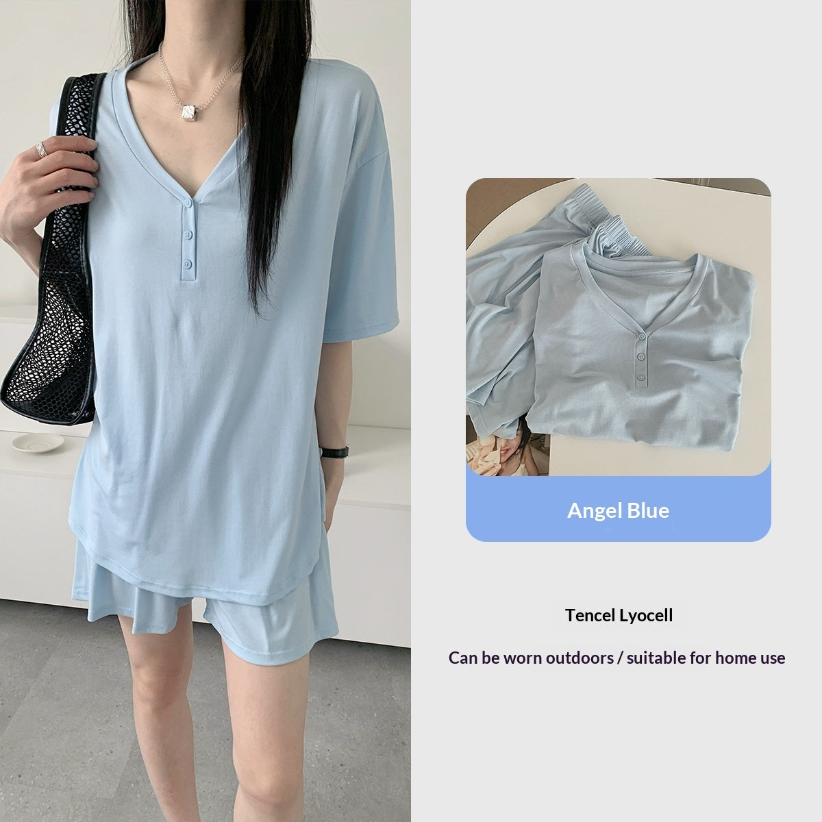 Home Wear Set Cool-to-the-touch V-neck Short-sleeve Shorts Skin-friendly Soft Loose-fitting Pajamas