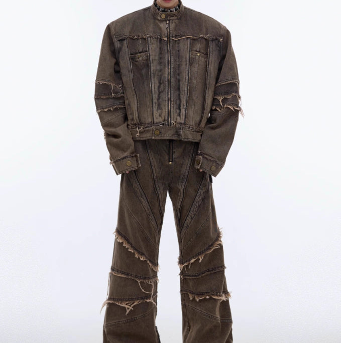 Niche retro-look slidt, vasket denimfrakke med skulderpuder