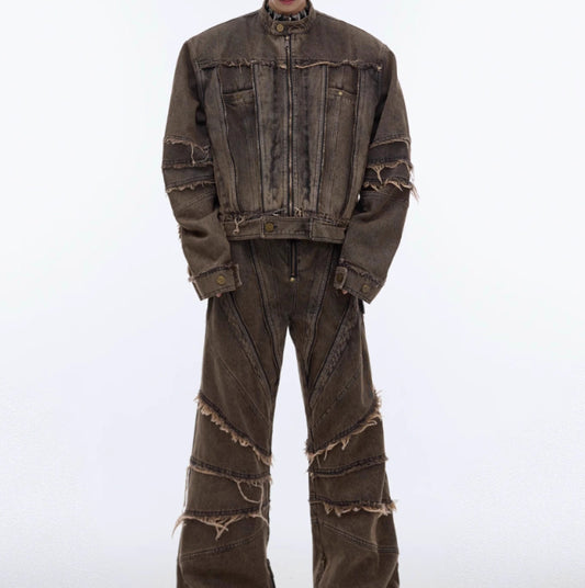 Niche Retro Worn Looking Washed-out Padded Shoulder Denim Coat