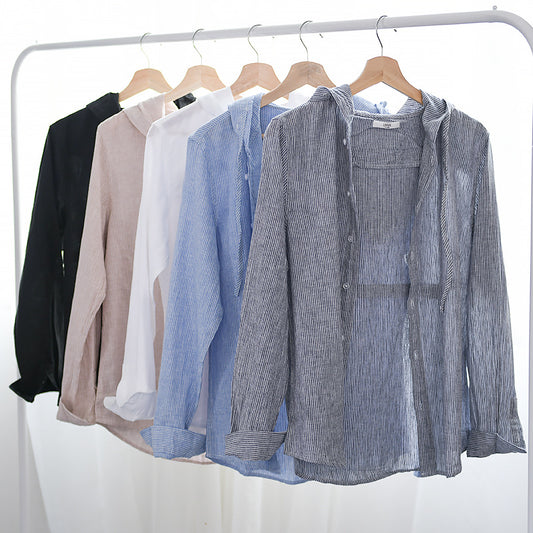 Men's Cotton And Linen Casual Hooded Long-sleeved Shirt