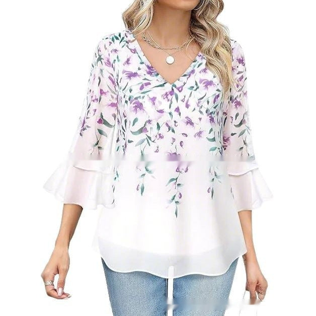 Women's Fashion Casual Top Pleated 34 Sleeve V