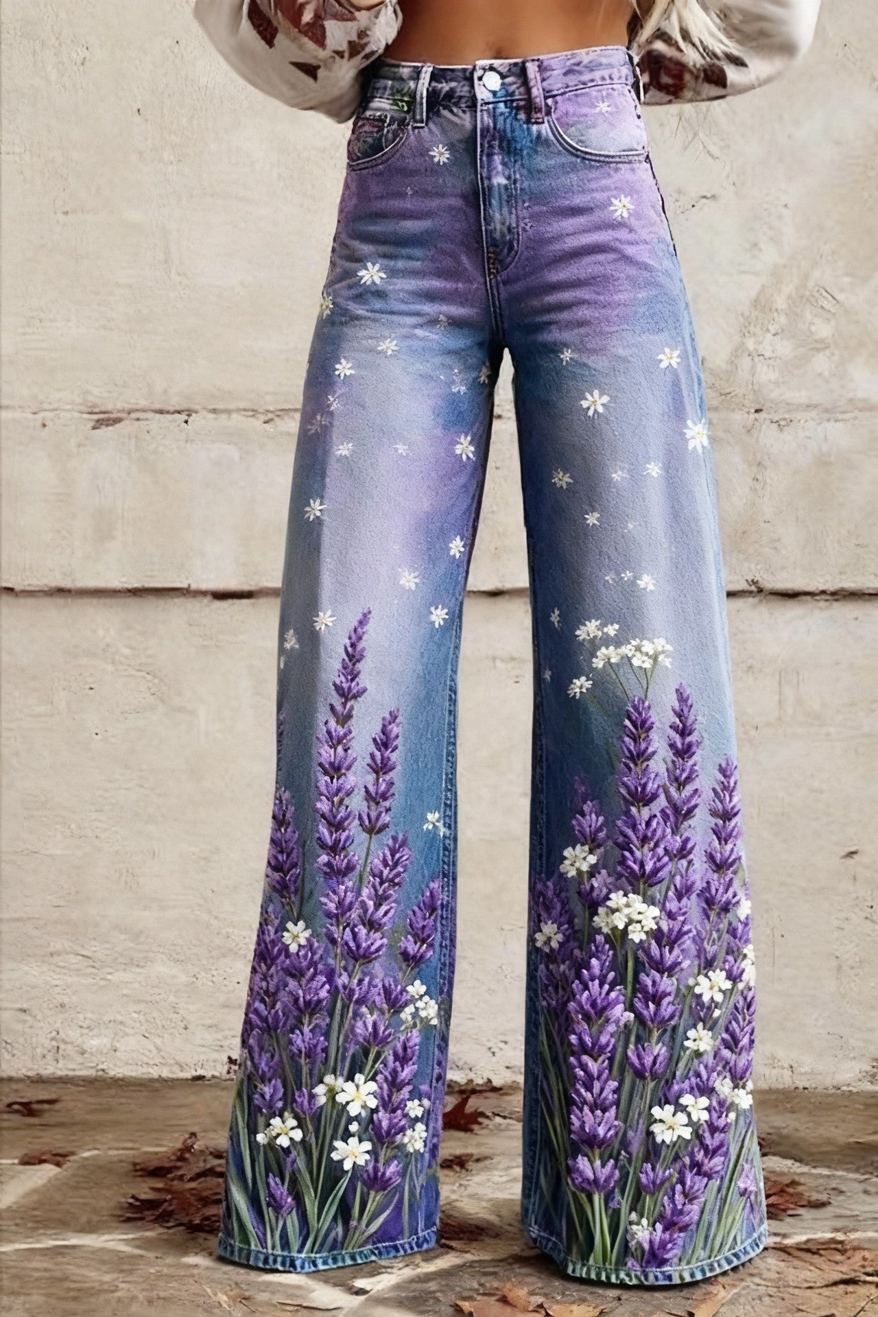 Floral-patterned Slim-fit Faux Denim Wide-leg Pants