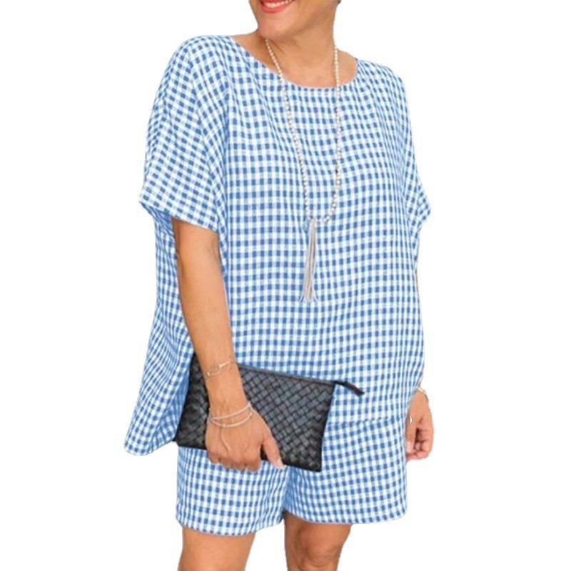 Casual Check Crew Neck Short Sleeve Shorts