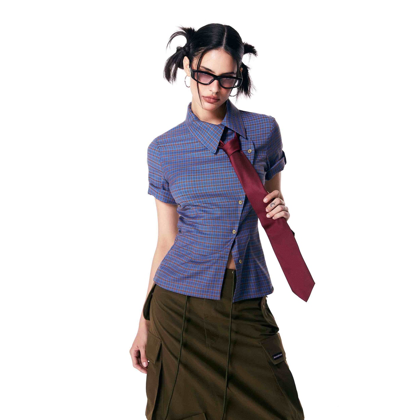 Women's Short-sleeved Plaid Shirt Retro Top