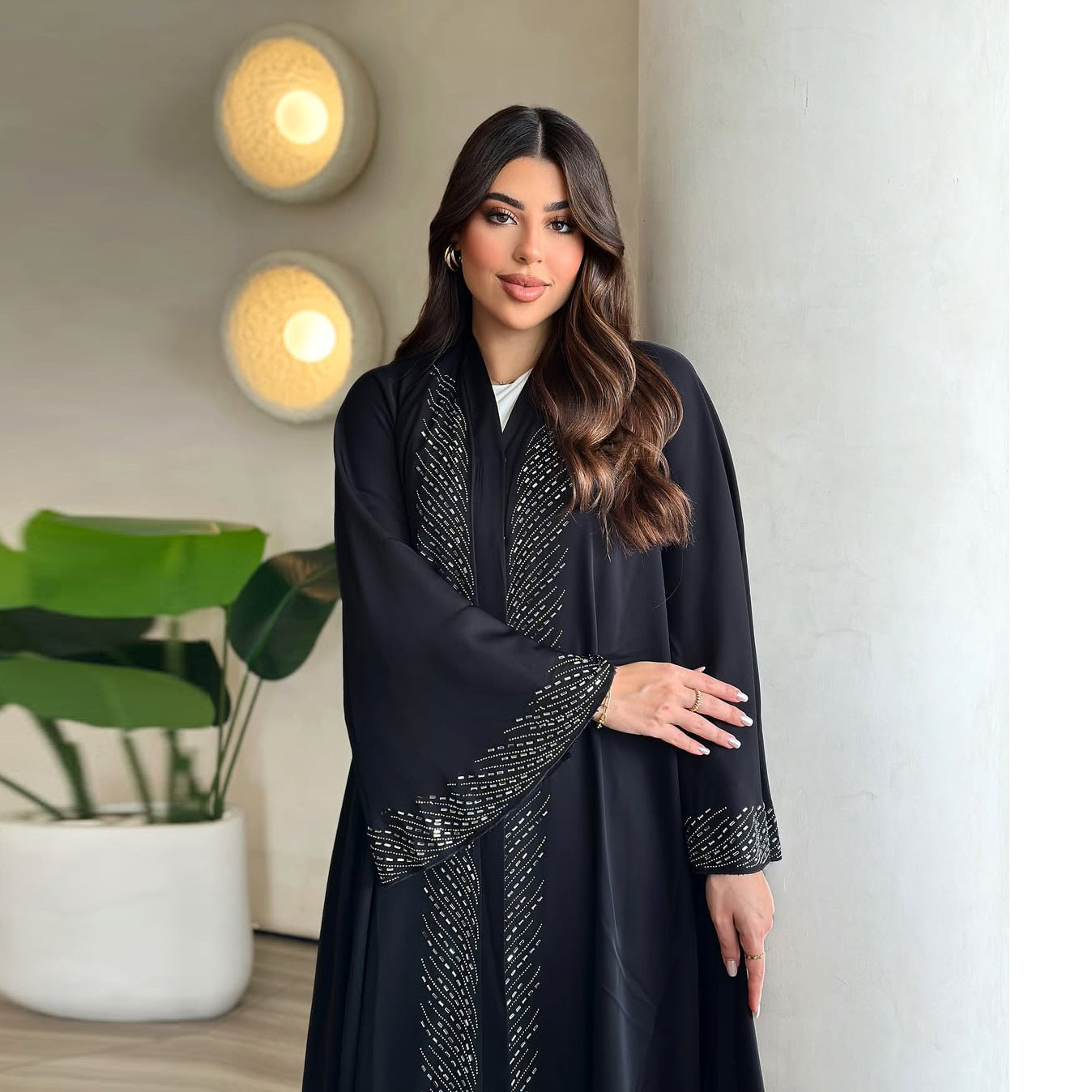 Stylish And Elegant Black Robe With Rhinestone Embellishments