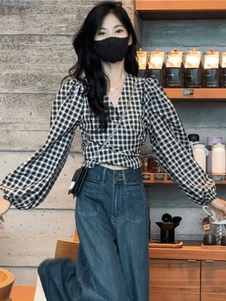 Vintage Plaid V-neck Long-sleeved Shirt