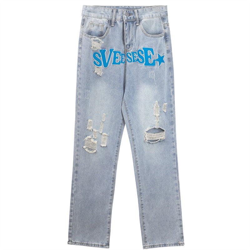 Ripped Letter Embroidered Heavy-duty Jeans
