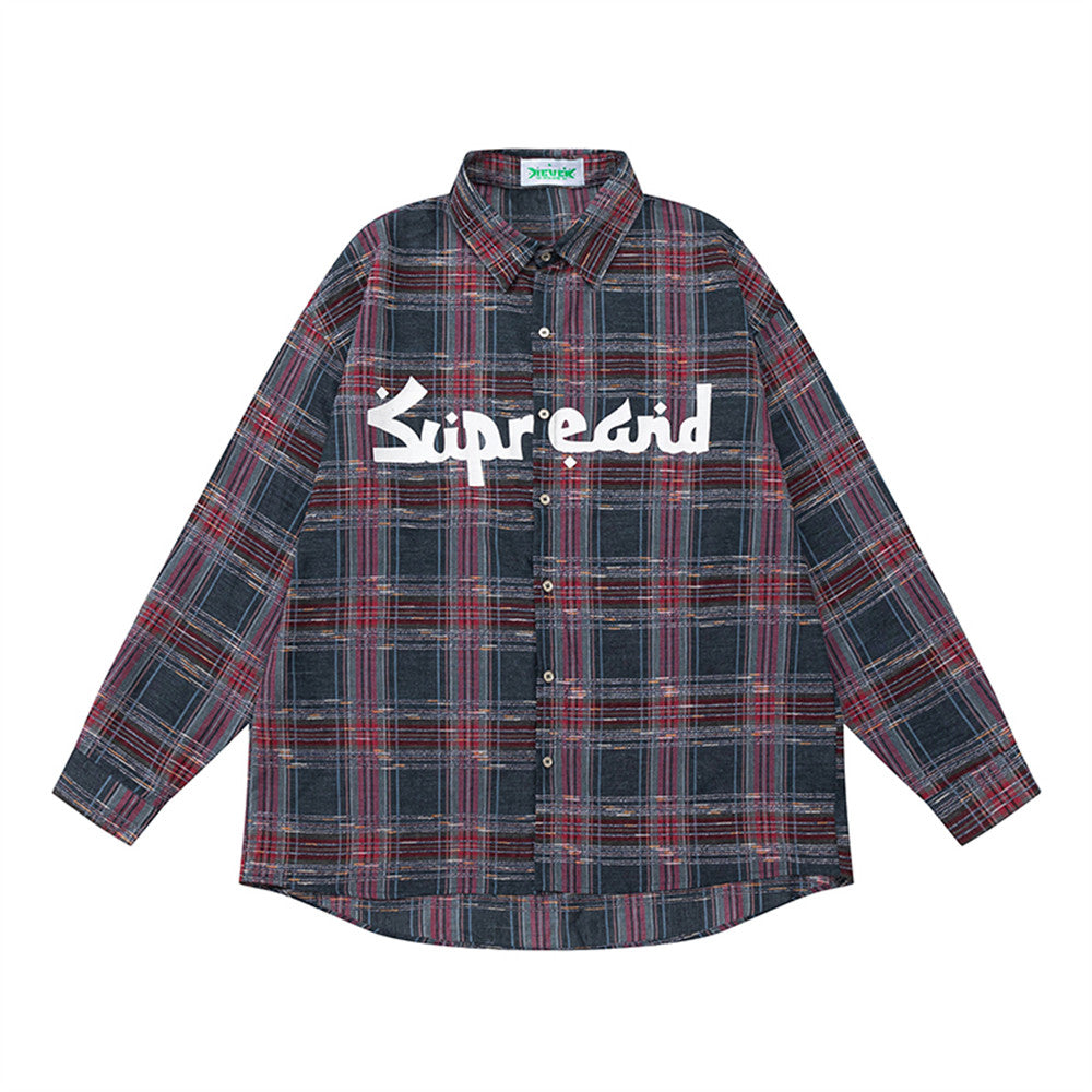 Color-contrast Check Letter Printed Long Sleeve Shirt