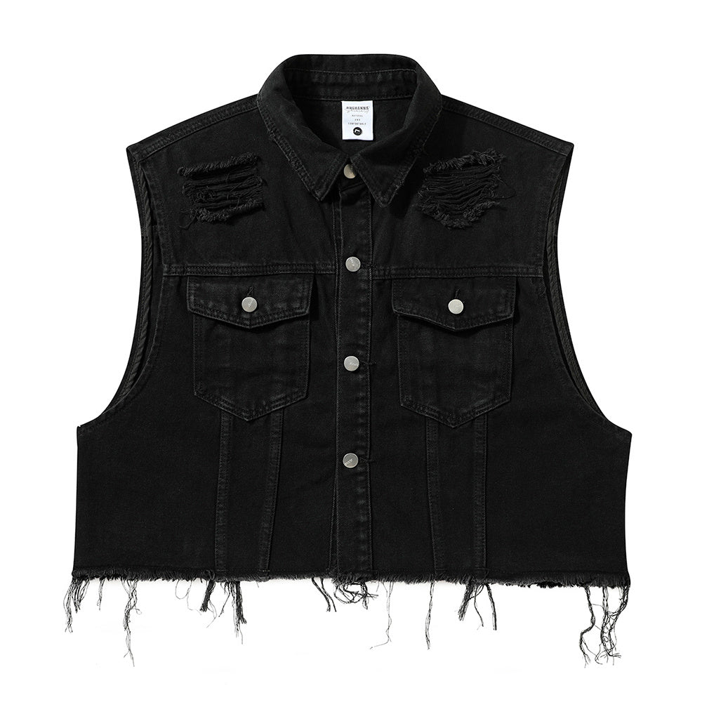 Ripped Frayed Cat Beard Short Vest Denim Men's Trendy Sleeveless Jacket