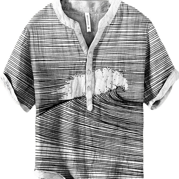 Literary Men's Ocean Print Linen Short Sleeve Loose Casual Top