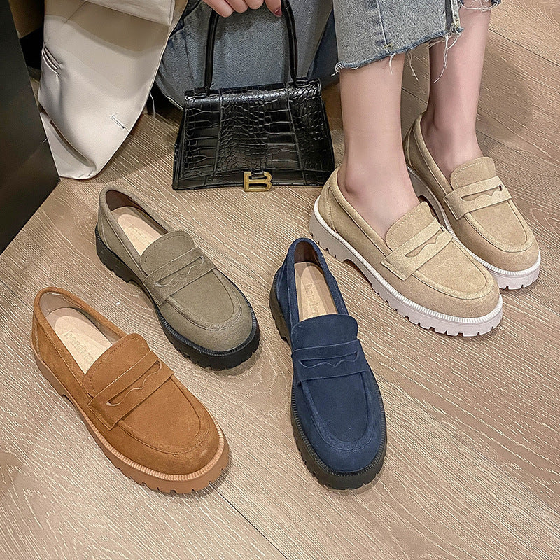 Loafers Comfort And Casual Matte Cowhide British Style Women's Shoes Chunky Heel Platform Slip-on Retro
