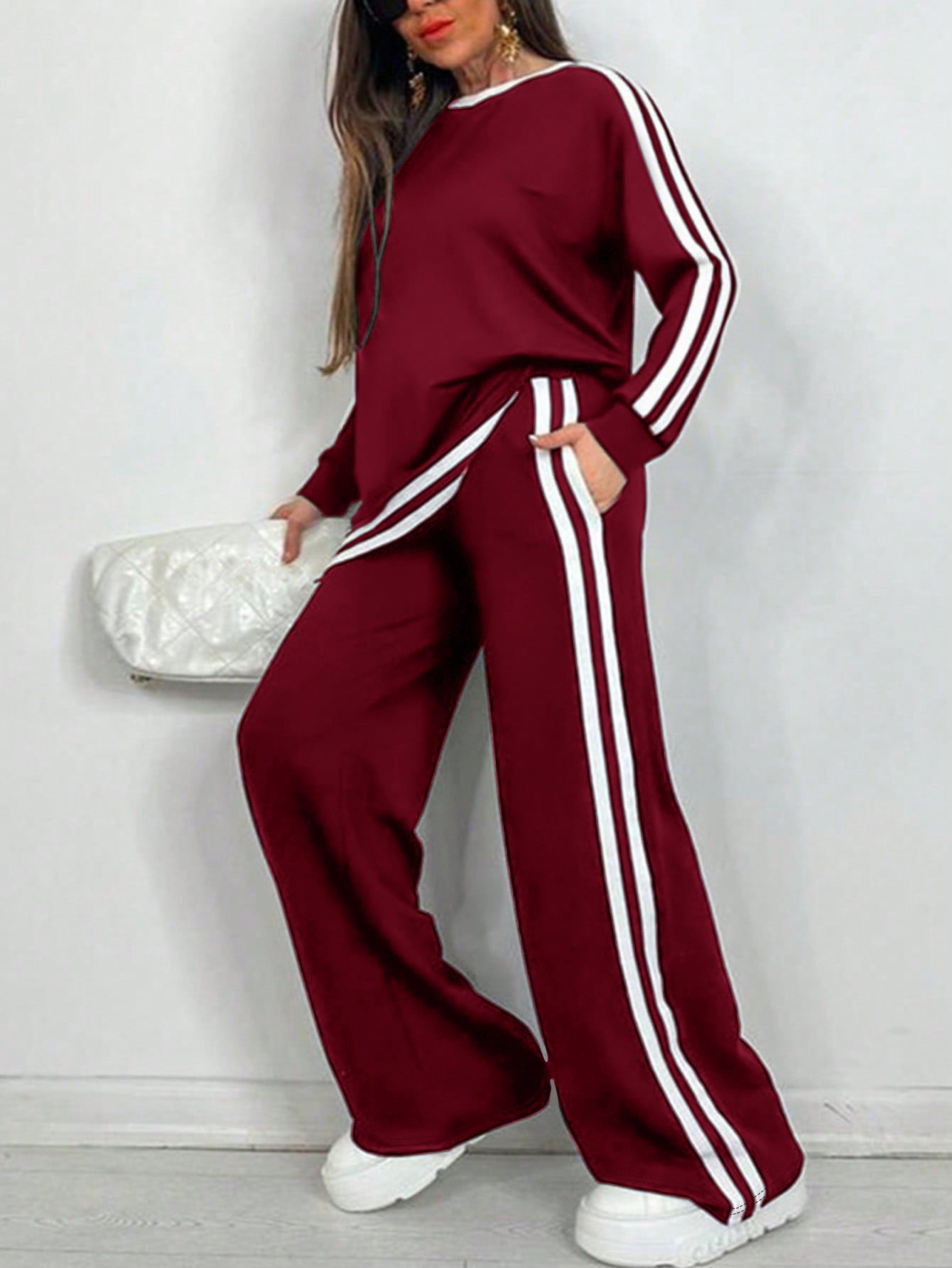 Casual Striped Trousers Long Sleeve Round Neck Suit