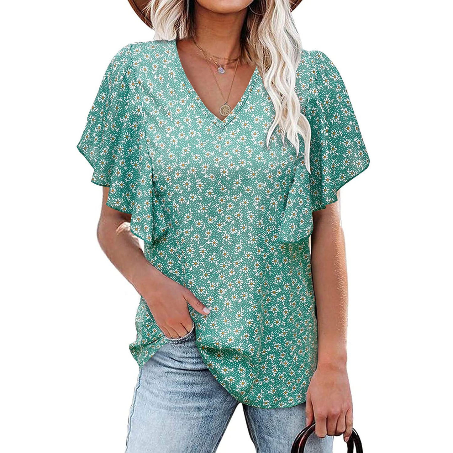 V Neck Floral Pleated Shirt Casual Short Sleeve Loose Top