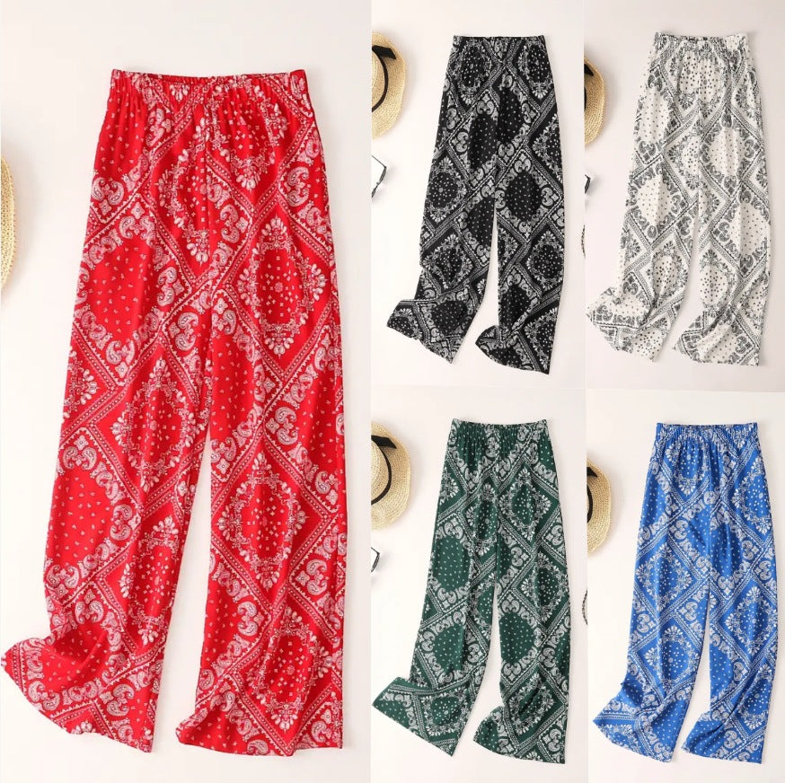 Women's Paisley Scarf Print Wide Leg Bohemian Casual Loose Pants